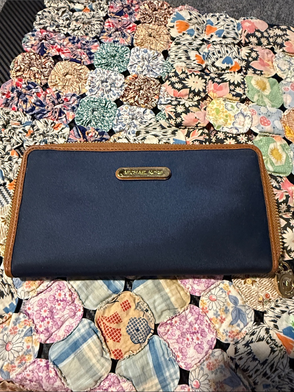 Michael Kors zip around navy blue and brown Nylon wallet